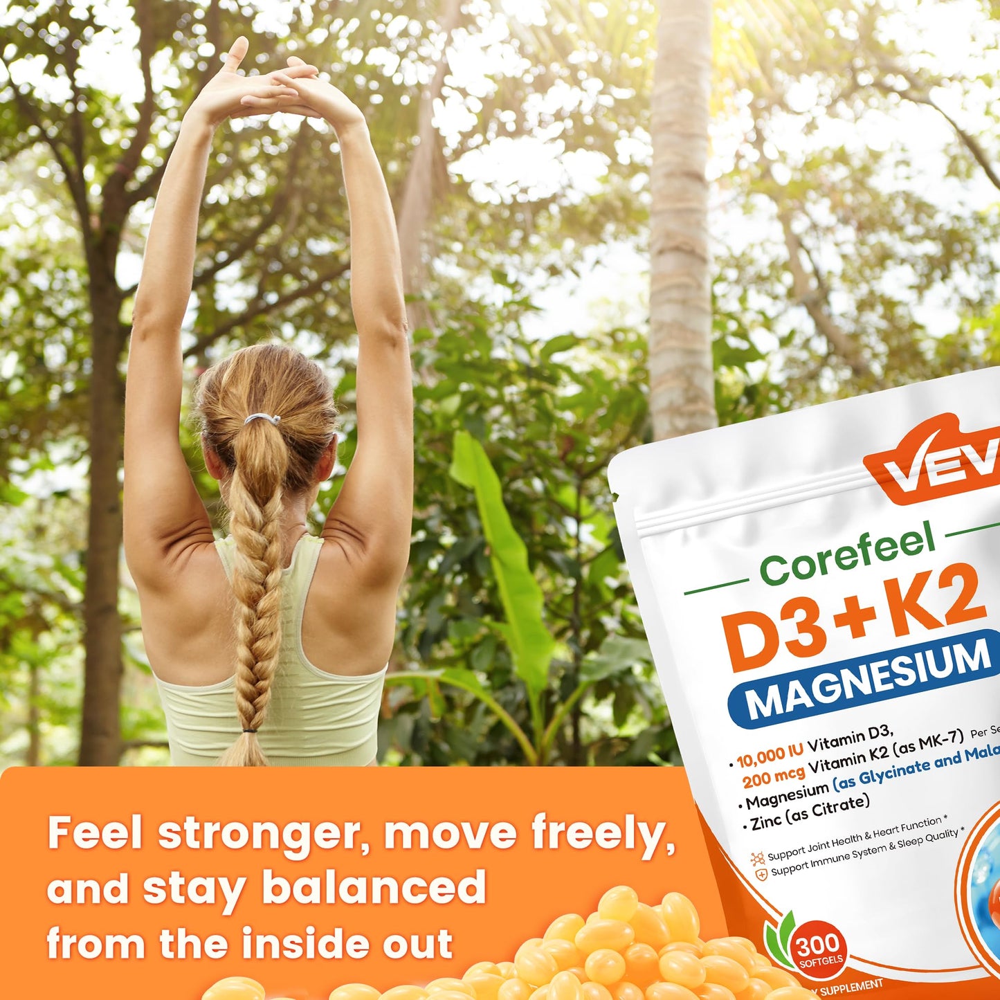 VEV Vitamin D3 K2 10,000 IU Magnesium Supplement – with Vitamin D and K (MK-7), Magnesium Glycinate & Malate, Zinc Citrate VEV