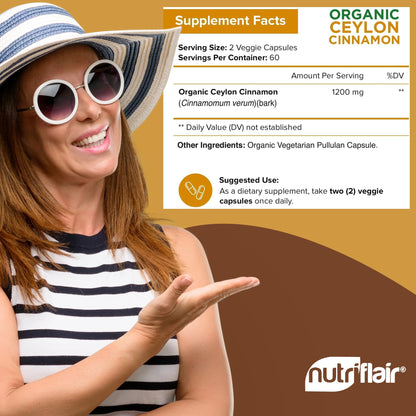 NutriFlair Organic Ceylon Cinnamon Supplement 1200mg, 120 Capsules - USDA Certified - Non-GMO, Gluten Free Powder, Antioxidant Pills NutriFlair