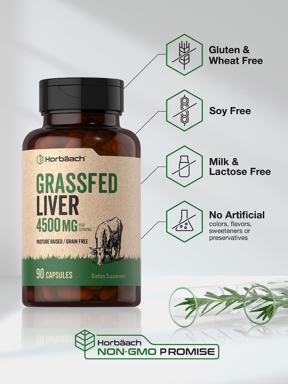Horbäach Grass Fed Beef Liver | 4500mg | 90 Capsules | Desiccated, Pasture Raised, Grain Free, Non-GMO Supplement Horbäach