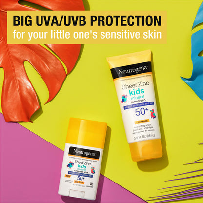 Neutrogena Sheer Zinc Oxide Kids Mineral Sunscreen Lotion, Broad Spectrum SPF 50+ with UVA/UVB Protection, Water-Resistant for 80 Minutes, Paraben-, Dye-, Fragrance- & Tear Free, 3 fl. oz Neutrogena
