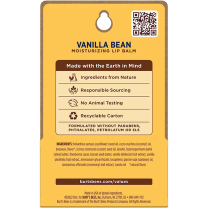 Burt's Bees Lip Balm - Vanilla Bean, Lip Moisturizer With Responsibly Sourced Beeswax, Tint-Free, Natural Origin Conditioning Treatment, 2 Tubes, 0.15 oz. Burt's Bees