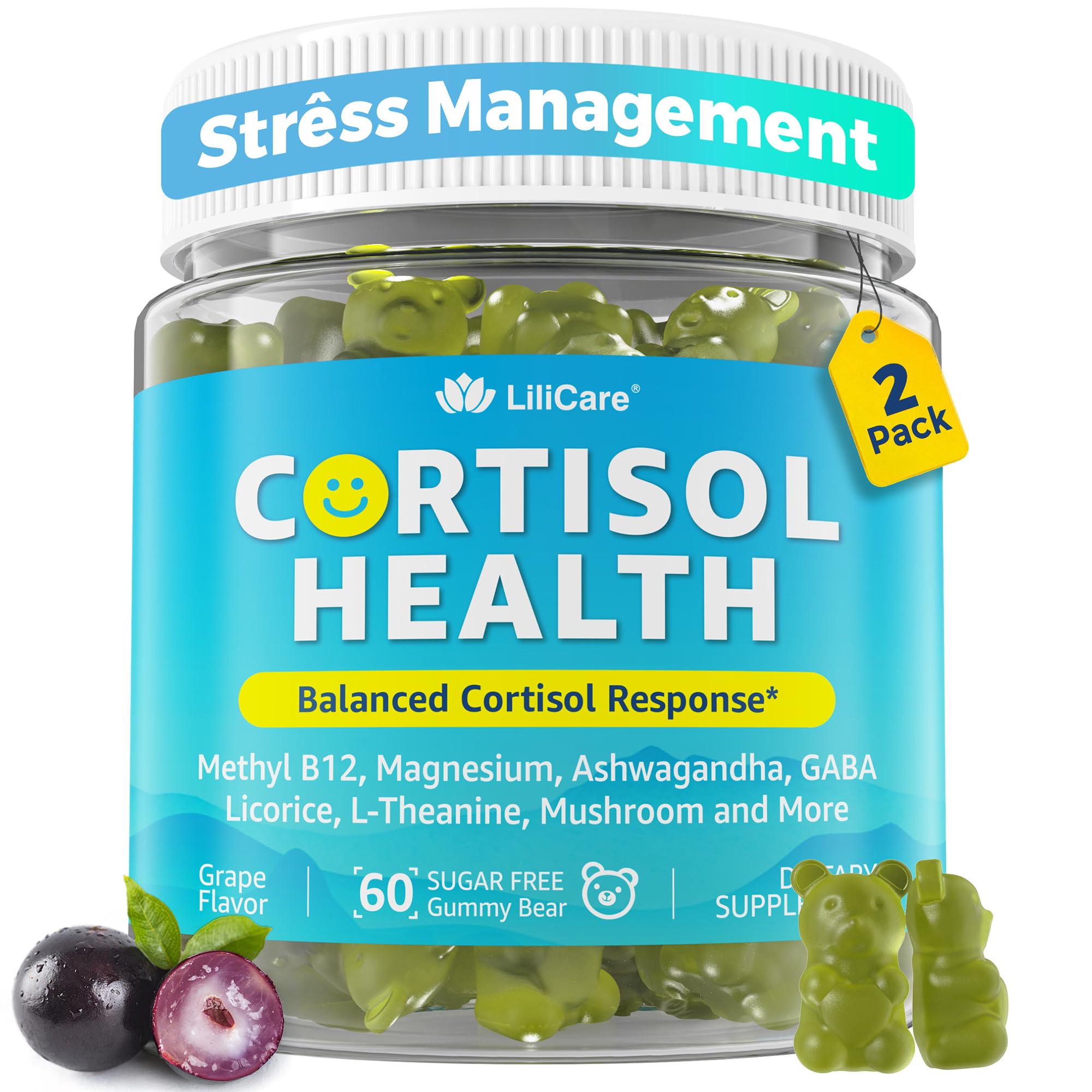 Cortisol Gummies for Women & Men, Sugar Free Cortisol Reducer Supplements w/ Magnesium, Ashwagandha, Mushroom, L-theanine, Rhodiola, Vitamin B6 B12 for Cortisol Detox, Relax, Sleep Support 2 Pack LILICARE buy australia supplements