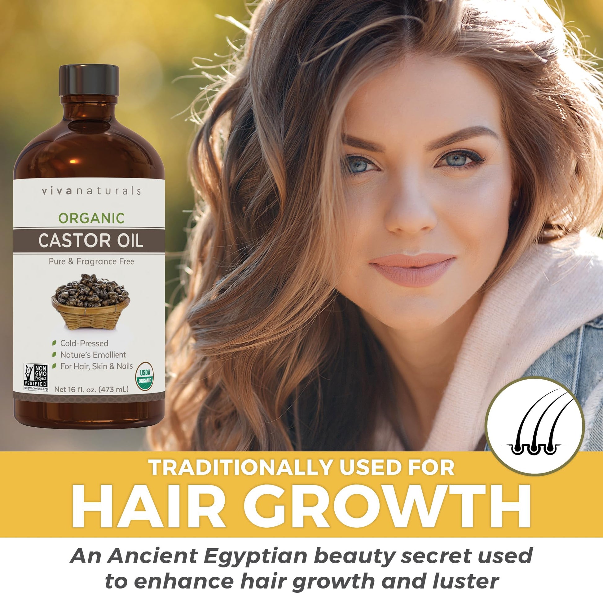 Viva Naturals Organic Castor Oil, Cold-Pressed, 16 fl oz – For Face, Hair, Eyelashes, USDA Organic, Non-GMO - With Beauty Kit Gsupps Australia