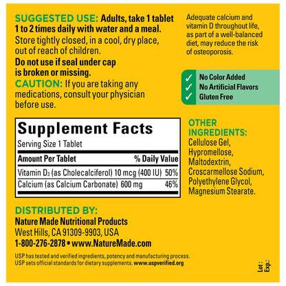 Nature Made Calcium 600 mg with Vitamin D3, Dietary Supplement for Bone Support, 220 Tablets Nature Made