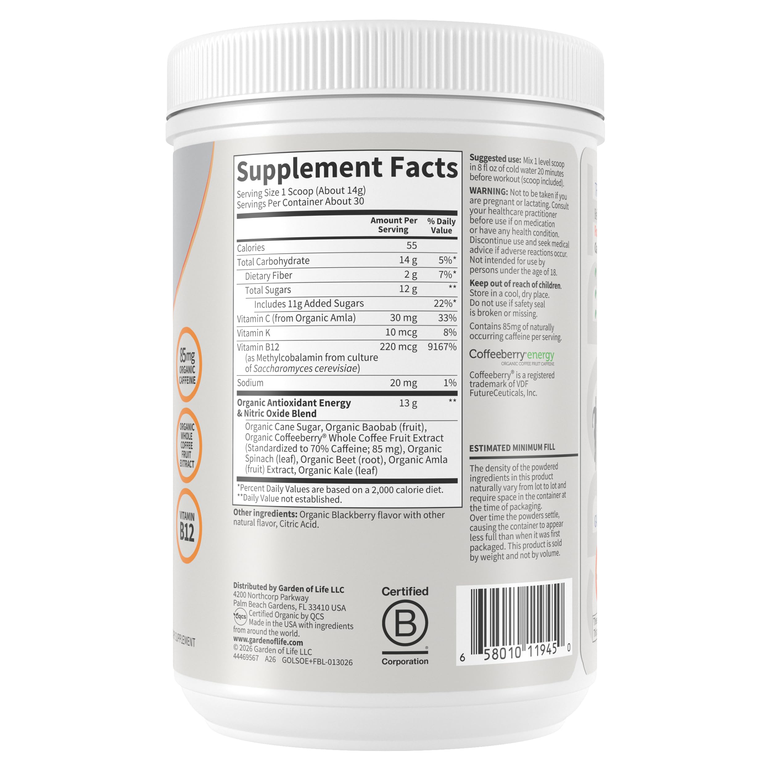 Garden of Life Sport Organic Plant Based Energy + Focus Clean Pre Workout Powder, with 85mg Caffeine, Natural No Booster, B12, Vegan, Gluten Free, Non-GMO, BlackBerry, 15.3 Oz Garden of Life buy australia supplements