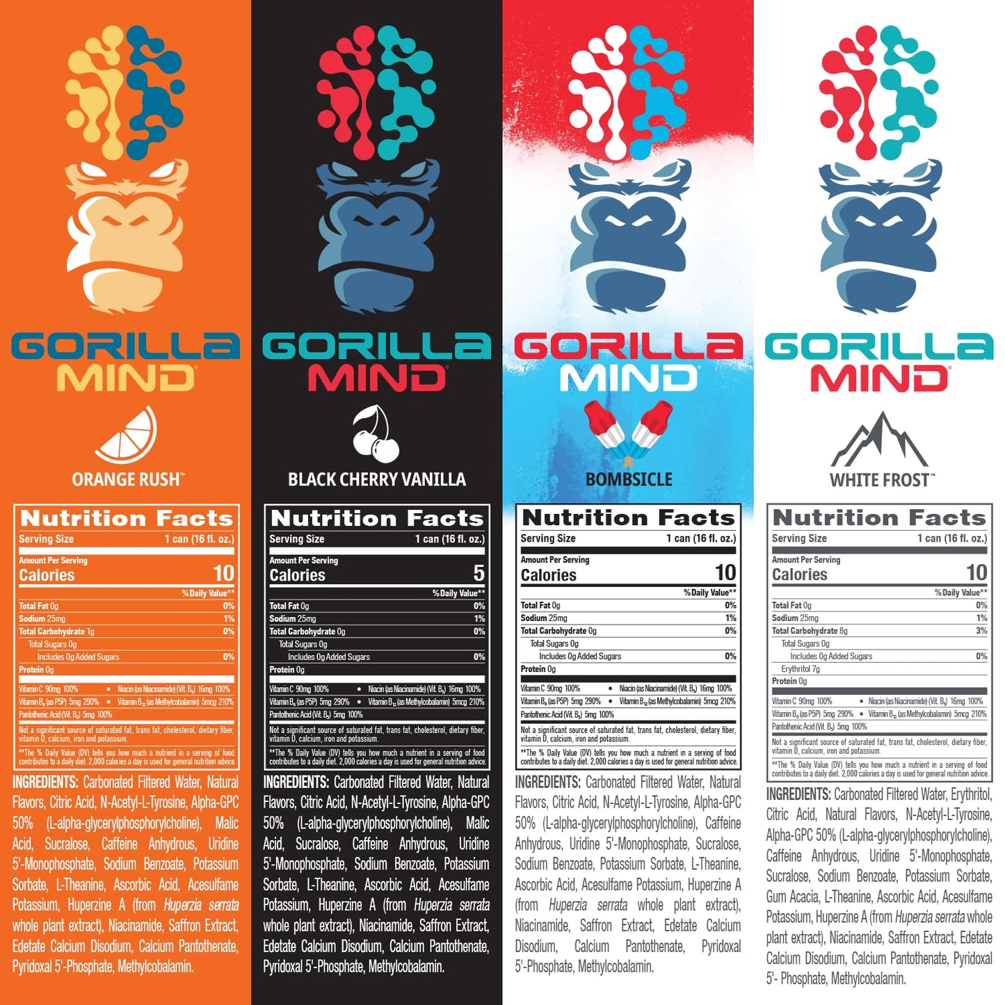 Gorilla Mind Energy Drink | Unmatched Energy · Amplified Focus | N-Acetyl-L-Tyrosine, Alpha-GPC, 200mg Caffeine, Uridine, Saffron | 0 Sugar Or Artificial Colors | 16oz, 12-Pack (Black Cherry Vanilla)