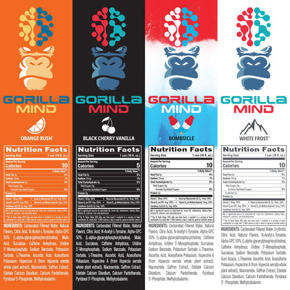 Gorilla Mind Energy Drink | Unmatched Energy · Amplified Focus | N-Acetyl-L-Tyrosine, Alpha-GPC, 200mg Caffeine, Uridine, Saffron | 0 Sugar Or Artificial Colors | 16oz, 12-Pack (Black Cherry Vanilla)