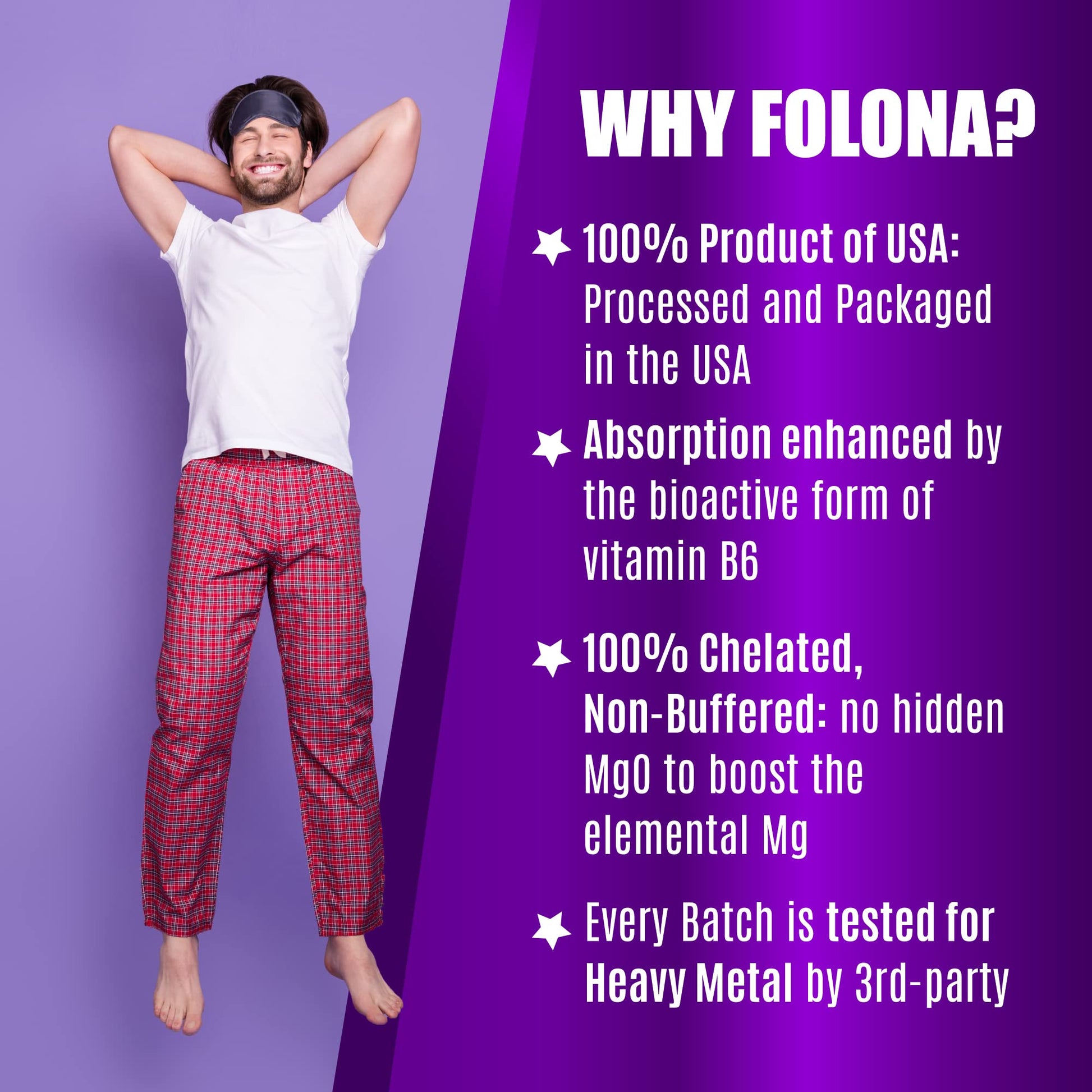 Folona Magnesium Glycinate with Vitamin B6 Research Proven to Enhance Absorption, 1350mg Fully Chelated - Supports Sleep, Stress Relief, Energy, Muscle Cramps - Gluten Free, NonGMO, 180 Vegan Capsules FOLONA buy australia supplements