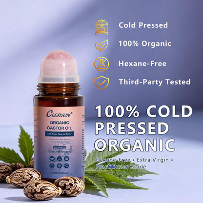 CLERVUN Organic Castor Oil Roll On with Rose Quartz Roller 2.02fl.oz CLERVUN