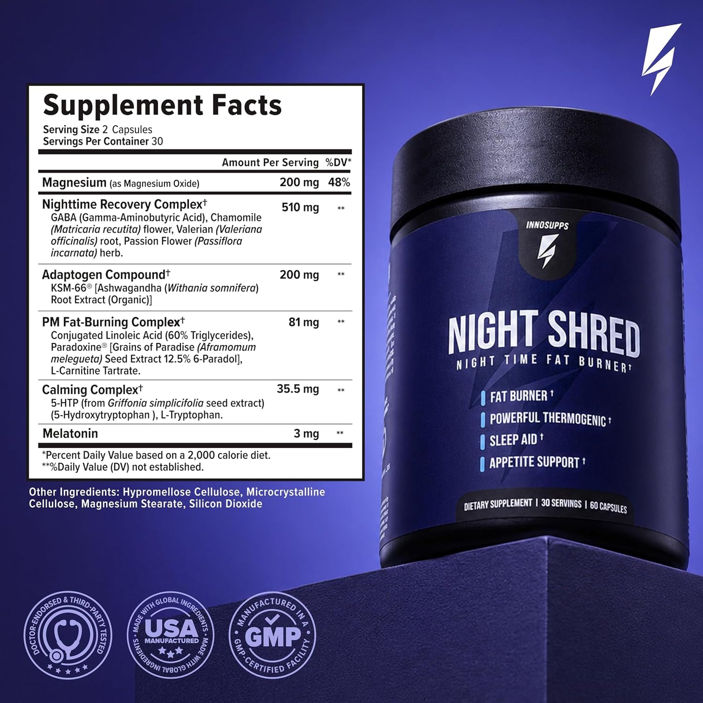 InnoSupps Night Shred Fat Burner and Natural Sleep Support | Ashwaganda, 5-HTP, CLA, Melatonin | Appetite Suppressant | Weight Loss Support Nighttime Fat Burning (180 Vegetarian Capsules)