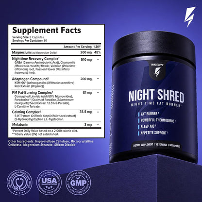 InnoSupps Night Shred Fat Burner and Natural Sleep Support | Ashwaganda, 5-HTP, CLA, Melatonin | Appetite Suppressant | Weight Loss Support Nighttime Fat Burning (180 Vegetarian Capsules)