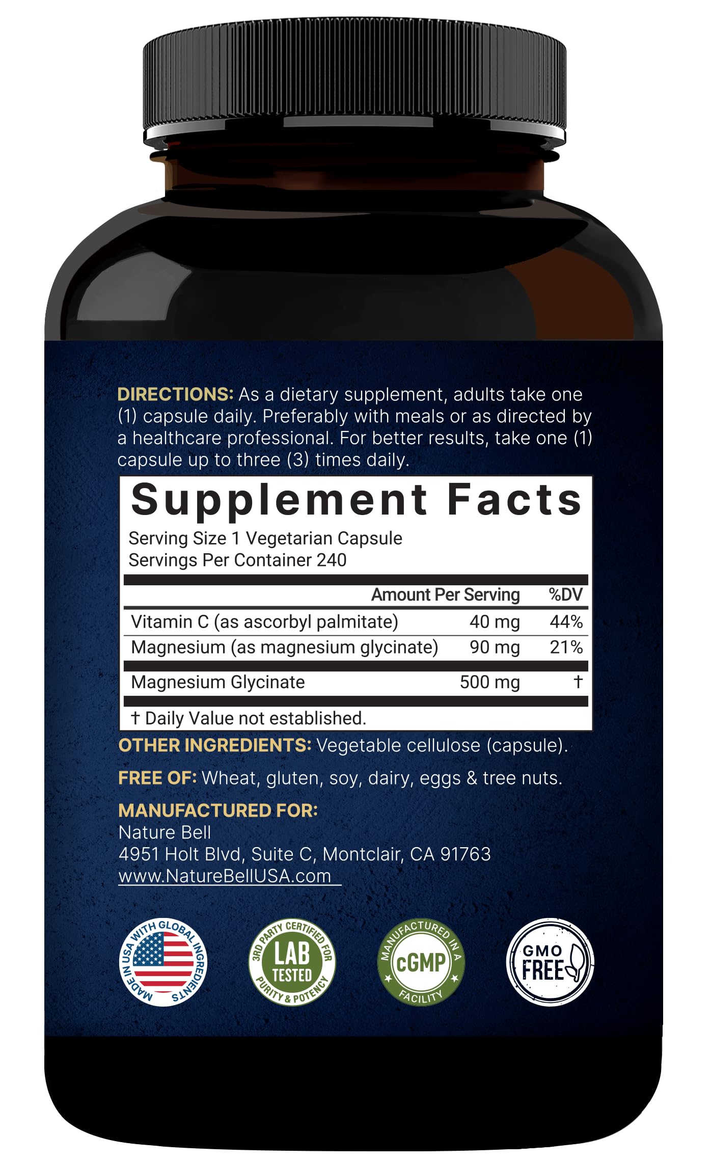 Naturebell Pure Magnesium Glycinate 500mg, 240 Veggie Capsules | 100% Chelated & Purified – 3rd Party Tested, Vegan Friendly, Non-GMO, Filler Free NatureBell