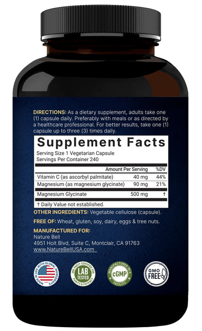 Naturebell Pure Magnesium Glycinate 500mg, 240 Veggie Capsules | 100% Chelated & Purified – 3rd Party Tested, Vegan Friendly, Non-GMO, Filler Free NatureBell