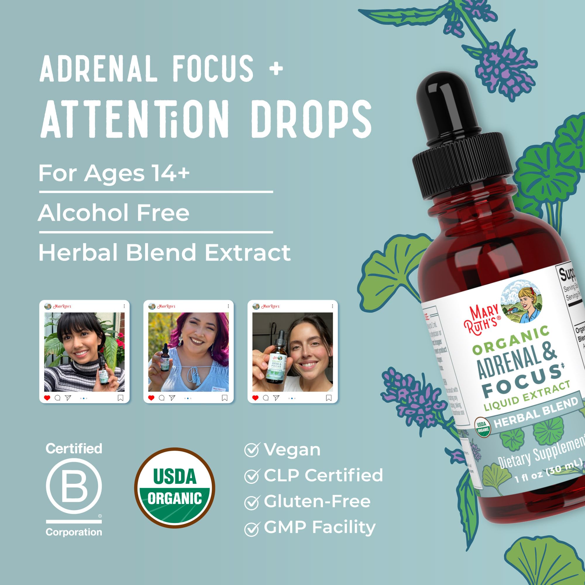 MaryRuth Organics - USDA Organic Brain Nootropic Supplement for Adults with Ginkgo Biloba & Astragalus | Focus & Adrenal Support | Brain & Memory Drops | Vegan | Non-GMO | Gluten Free | 30 Servings MARYRUTH'S buy australia supplements