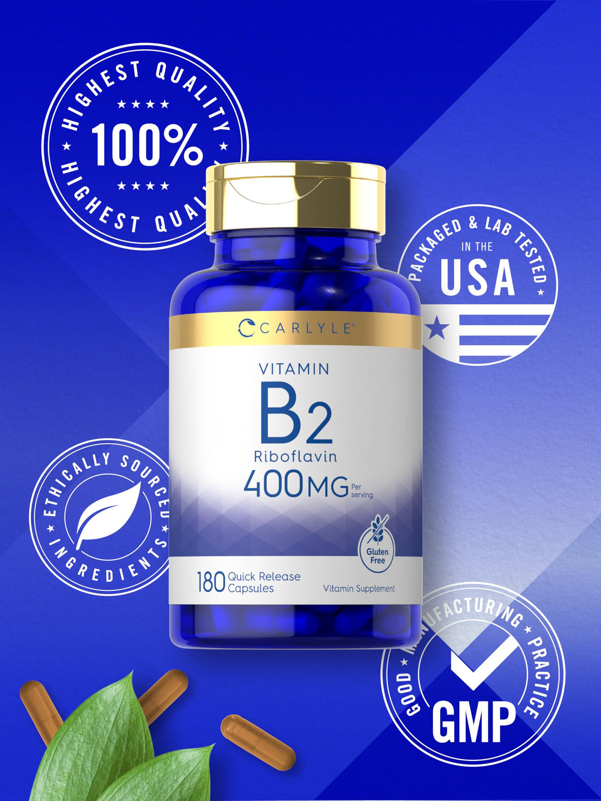 Carlyle Vitamin B-2 400mg | 180 Count | Non-GMO, Gluten Free Supplement | B2 Riboflavin Carlyle