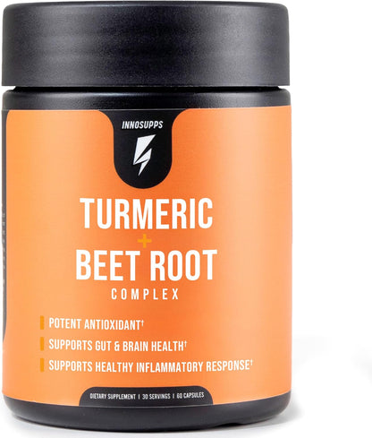 Inno Turmeric + Beet Root - Curcumin Turmeric Powder with Black Pepper & Beet Root Supplement - Supports Digestive Health, Circulation, Bone & Brain Health, Energy and Daily Wellness (60 Capsules)