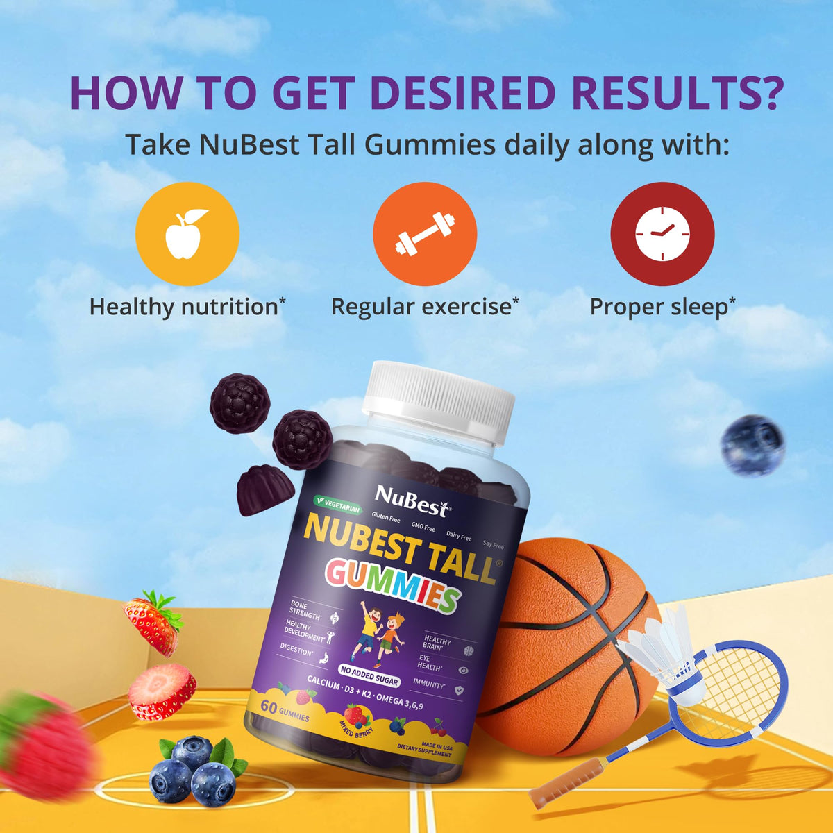 NuBest Tall Gummies for Kids Age 2+ & Teens | Bone Strength, Immunity, Digestive Health with Calcium, Vitamin D3, K2, B Complex, Magnesium, Zinc NuBest