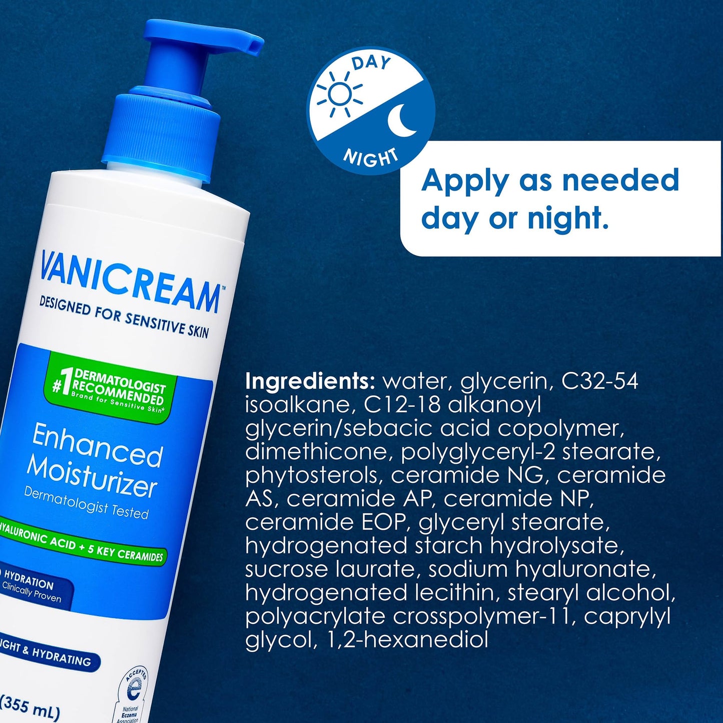 Vanicream Enhanced Moisturizer, 12 fl oz, Formulated without Common Irritants, Body Moisturizer, All-Day Hydration with Hyaluronic Acid Vanicream