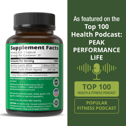 Bloat and Gas Probiotic - Proven Relief with Clinically Studied Bacillus Subtilis BS50 + Prebiotic Fiber - Fast Acting Anti Bloating Pills Supplement Peak Performance