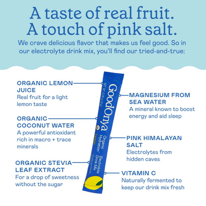 GOODONYA Organic Hydration Electrolyte Drink Mix, Certified Organic Hydration Powder, Non-GMO, Biochecked Glyphosate Free, Low Sugar, Lemonade Flavor, No Artificial Flavors,12 Stick Packs GOODONYA