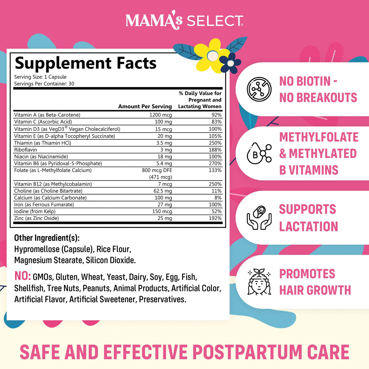 Mama's Select Postnatal Vitamins – Boosts Hair Recovery, Milk Supply, & Wellness – Allergen-Free, Vegan, MTHFR Friendly, Methylated Folate & B Vitamins, Mama's Select