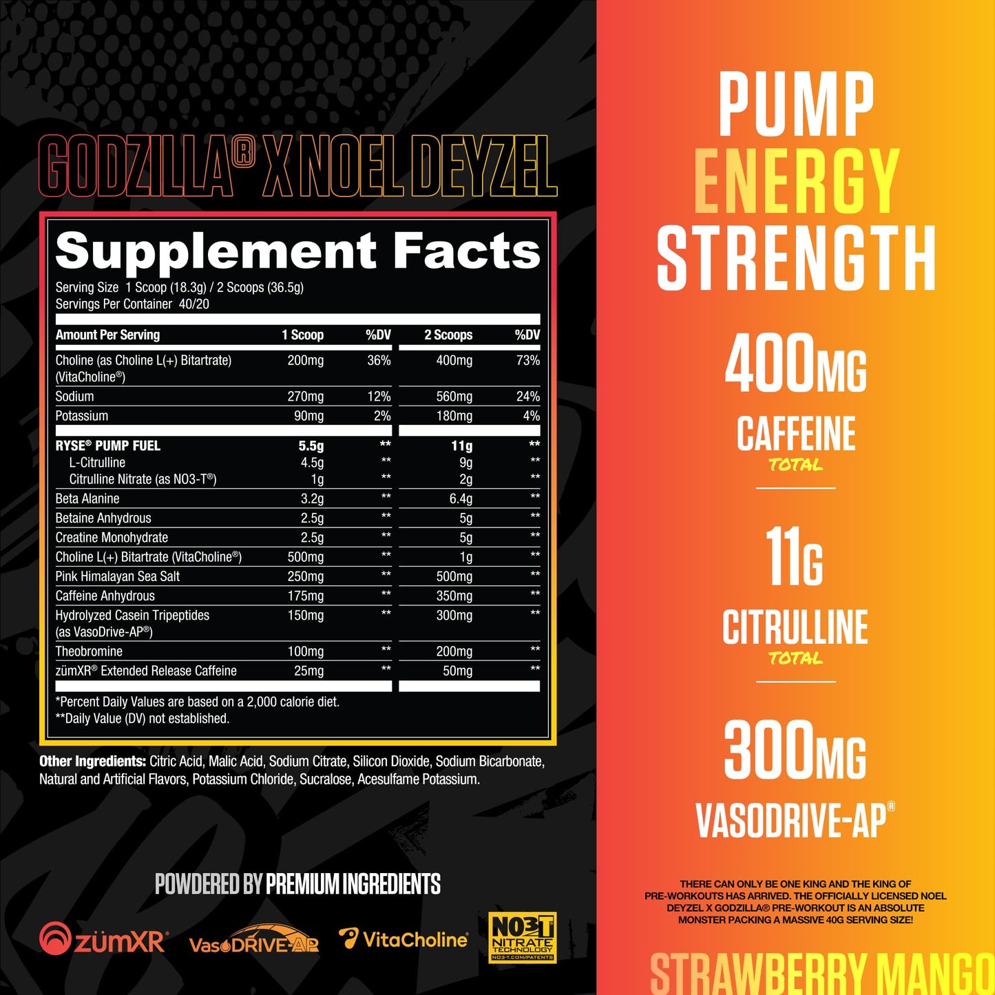 RYSE Godzilla X Noel Deyzel Pre Workout Powder - Monsterberry Lime - 400mg Caffeine, High Stim Pre-Workout for Men & Women with Citrulline & Beta Alanine - Energy, Pump & Focus - 20/40 Servings