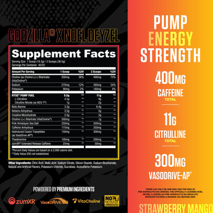 RYSE Godzilla X Noel Deyzel Pre Workout Powder - Monsterberry Lime - 400mg Caffeine, High Stim Pre-Workout for Men & Women with Citrulline & Beta Alanine - Energy, Pump & Focus - 20/40 Servings