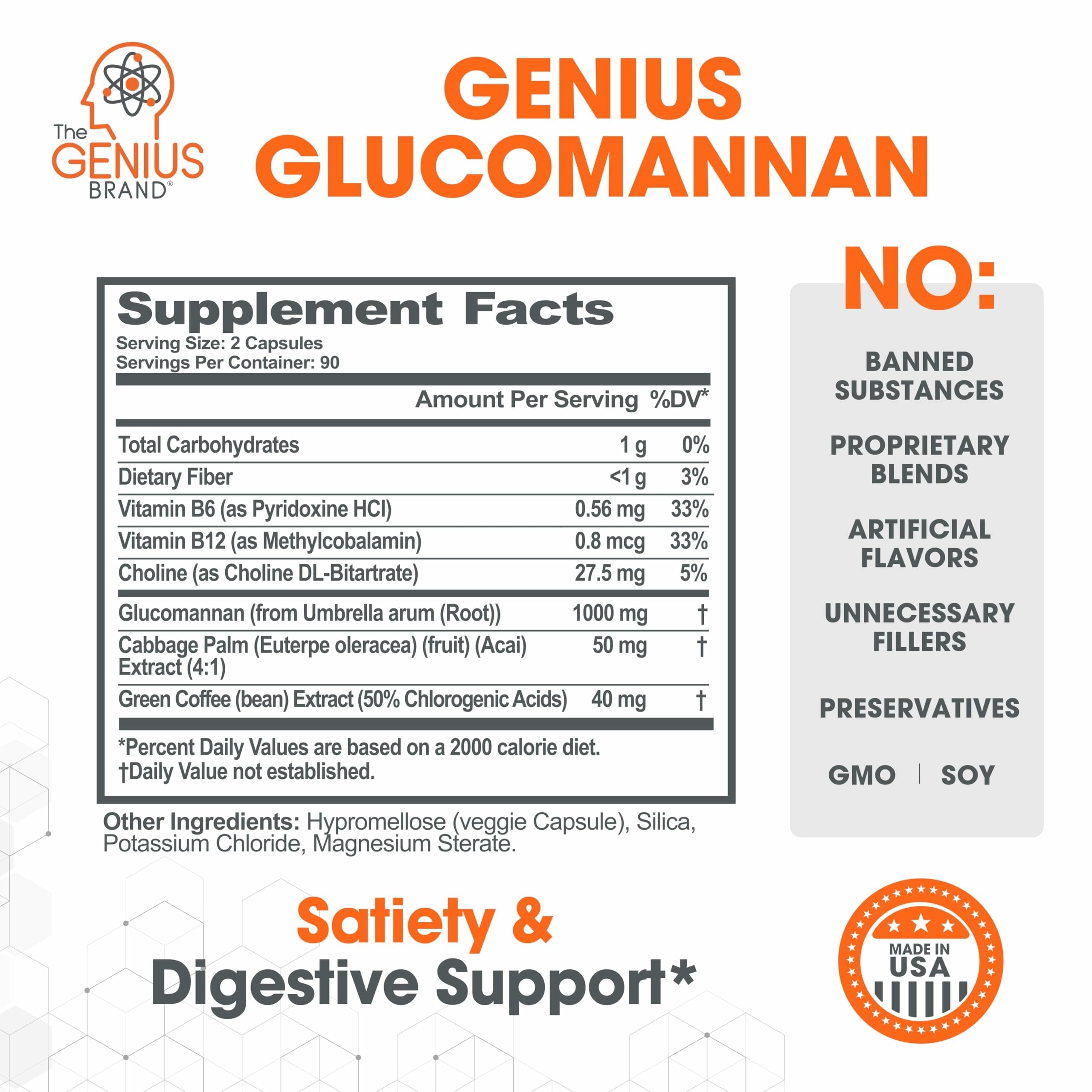 The Genius Brand Genius Glucomannan - Glucomannan Capsules for Digestive Health, Energy & Satiety Support - Natural Fiber for Stomach Comfort - Non-GMO & Vegan - 180 Veggie Capsules The Genius Brand buy australia supplements