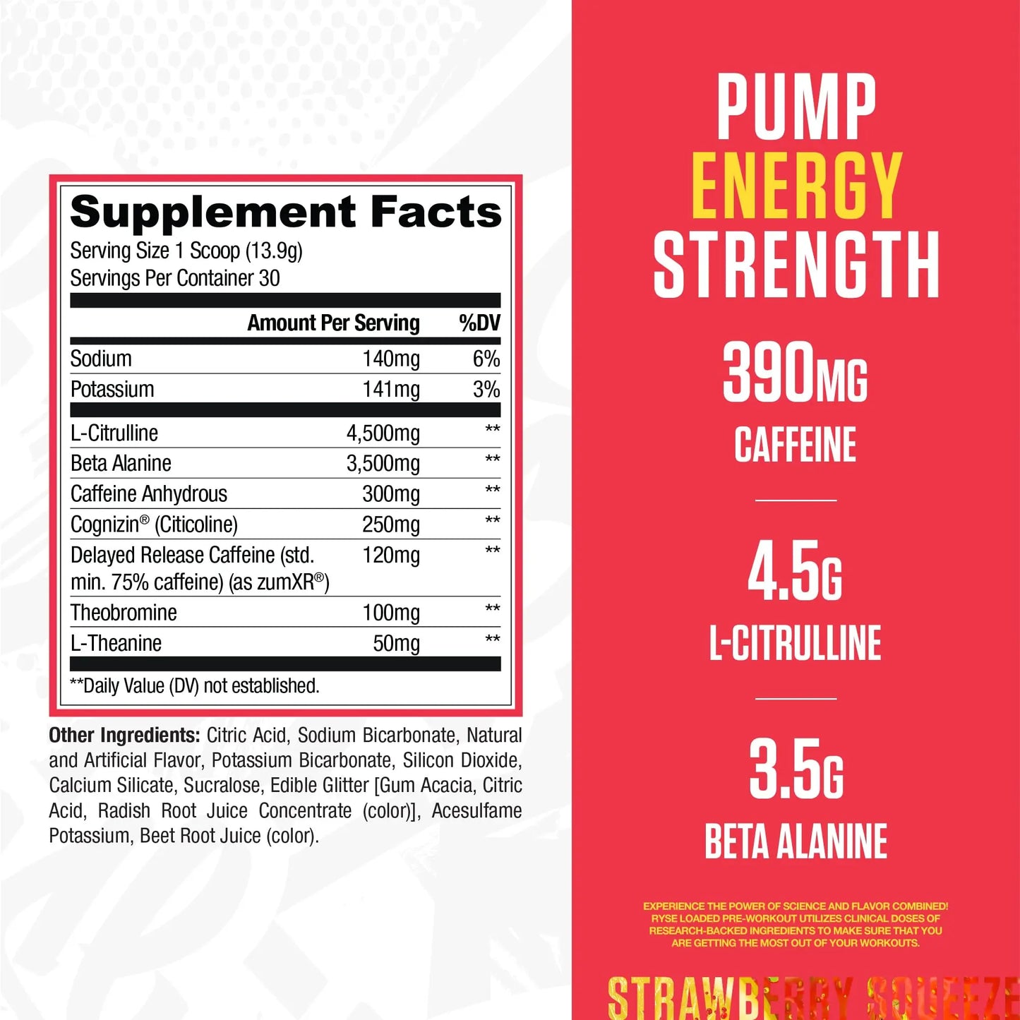 RYSE Loaded Pre Workout Powder - Strawberry Squeeze - Daily Pre-Workout for Men & Women with 390mg Caffeine, Beta Alanine, and Citrulline for Pump RYSE Up Supplements