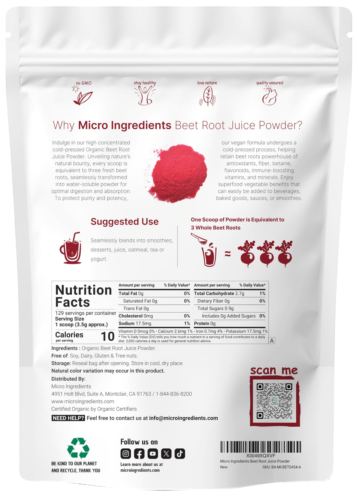 Micro Ingredients Organic Beet Root Juice Powder, 1 Pound | Cold Pressed, Water Soluble, High Concentrated Raw Beet Supplement | Superfood Drink Mix Micro Ingredients