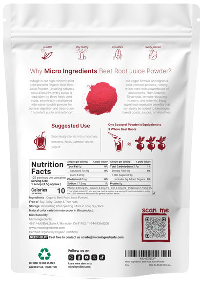 Micro Ingredients Organic Beet Root Juice Powder, 1 Pound | Cold Pressed, Water Soluble, High Concentrated Raw Beet Supplement | Superfood Drink Mix Micro Ingredients