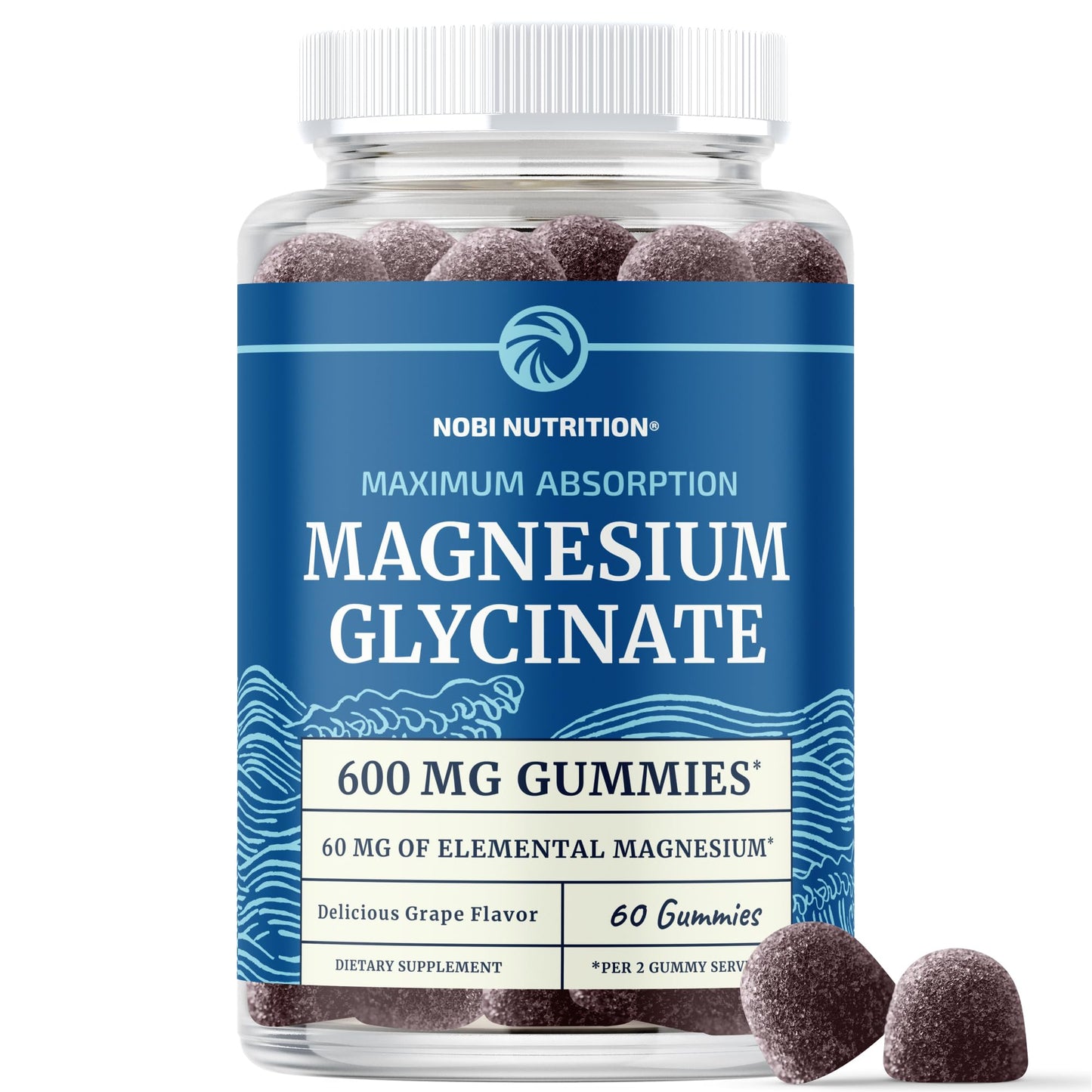 Magnesium Glycinate Gummies 600MG | Sleep, Calm & Relaxation Support | 60MG Elemental Mag Per Serving | Grape Flavor, Gluten-Free | High Absorption Magnesium Gummies for Women, Men & Family | 60 Ct Nobi Nutrition