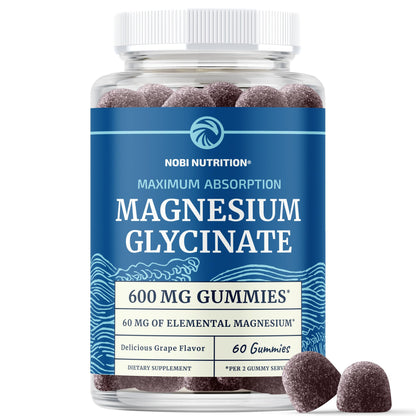 Magnesium Glycinate Gummies 600MG | Sleep, Calm & Relaxation Support | 60MG Elemental Mag Per Serving | Grape Flavor, Gluten-Free | High Absorption Magnesium Gummies for Women, Men & Family | 60 Ct Nobi Nutrition