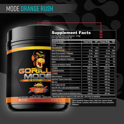 Gorilla Mode Pre Workout & Gorilla Mode Nitric Upgraded Stimulant - Best Tasting & Most Effective Stimulant Free Pre-Workout | Massive Pump | Laser Focus Energy Power (Orange Rush)