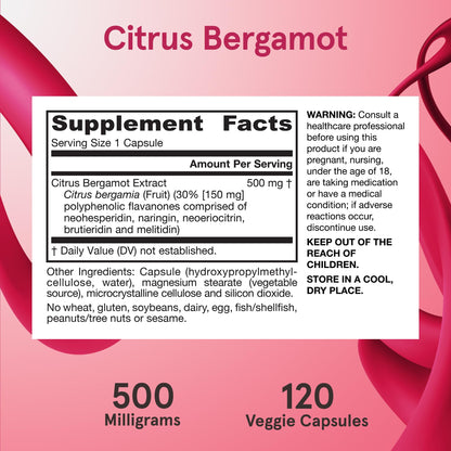 Jarrow Formulas Citrus Bergamot Supplement 500 mg - 120 Servings (Veggie Caps) - Antioxidant Support for Cardiovascular & Metabolic Health - Dietary Supplement Jarrow Formulas