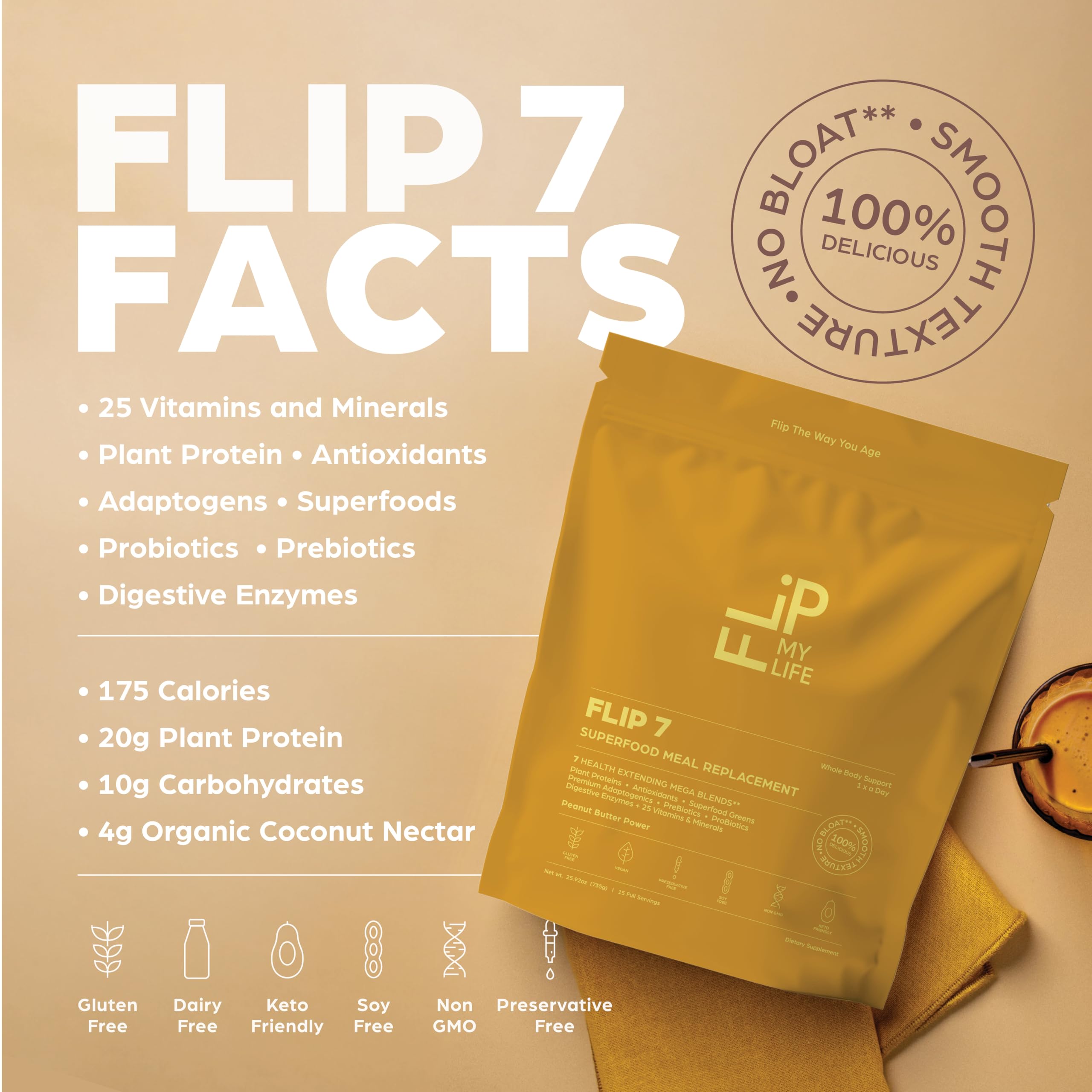 Flip My Life, Flip 7 Natural SuperFood, Plant-Based Protein, Complete Meal Replacement to Support Healthy Gut, 7 Mega Nutrient Rich Blends all in one to AGE BETTER - Peanut Butter Flip My Life buy australia supplements