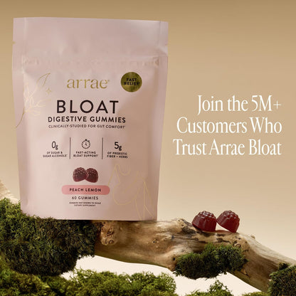 Arrae Bloat Gummies - Sugar-Free Debloat Gummies - Prebiotic Fiber - Peach Lemon Flavor - 60 Count