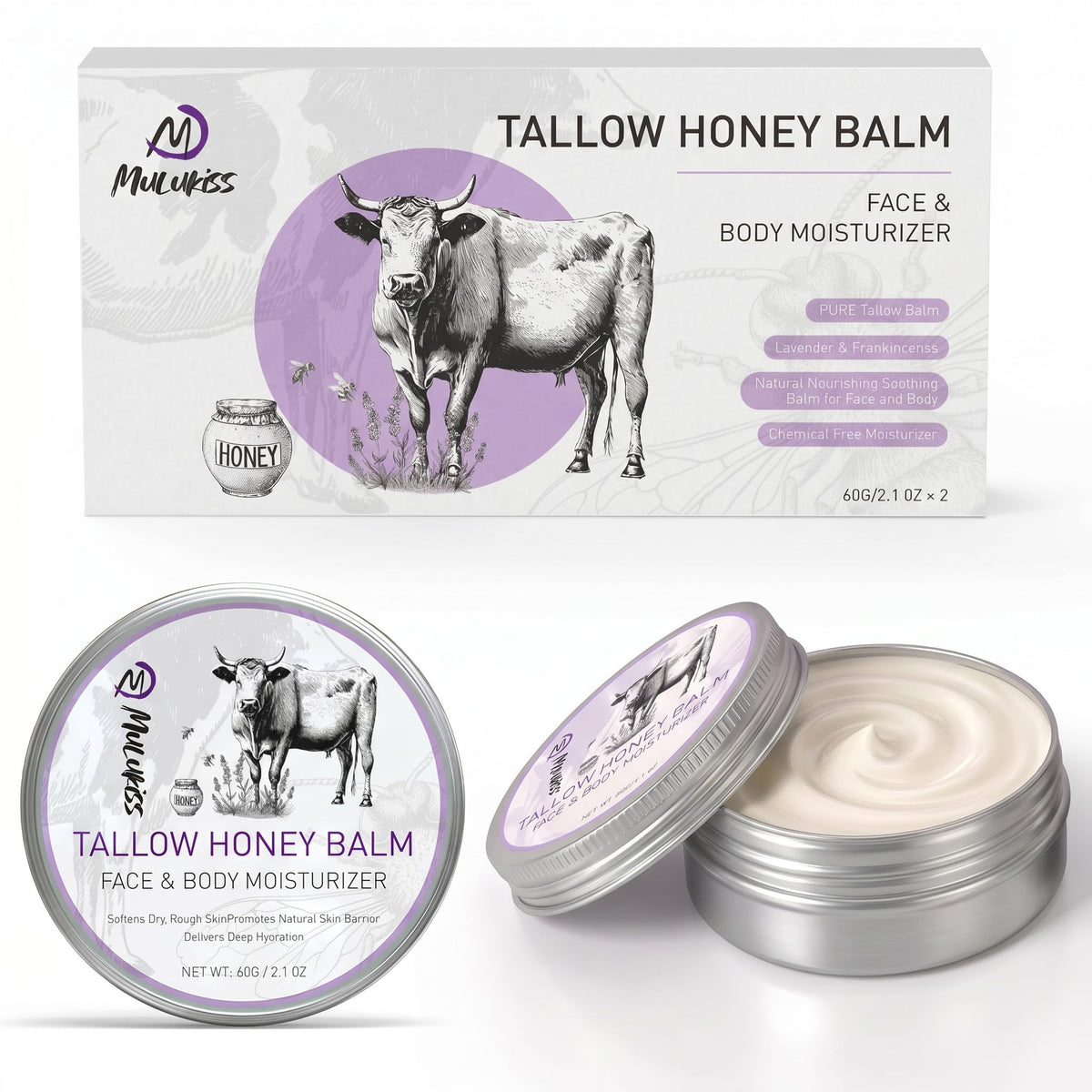 Beef Tallow for Skin – 2Pcs Beef Tallow for Face Cream, Grass-Fed Tallow and Raw Honey Balm with Lavender Essential Oil, Whipped Natural Tallow Face Moisturizer Makeup Cleansing Milk for Dry Home&Away Mulukiss