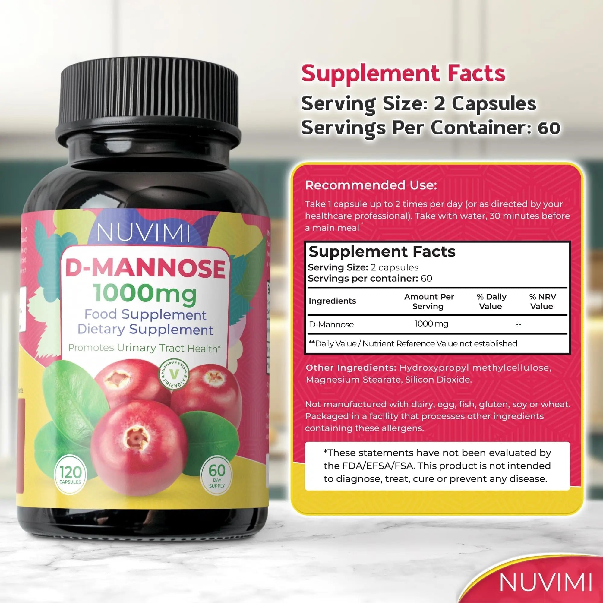 NUVIMI D Mannose 120 Capsules - 1000 mg per Dose - Dietary Supplement Helps Promote Urinary Tract Health - Natural Vegan UTI Defense NUVIMI buy australia supplements