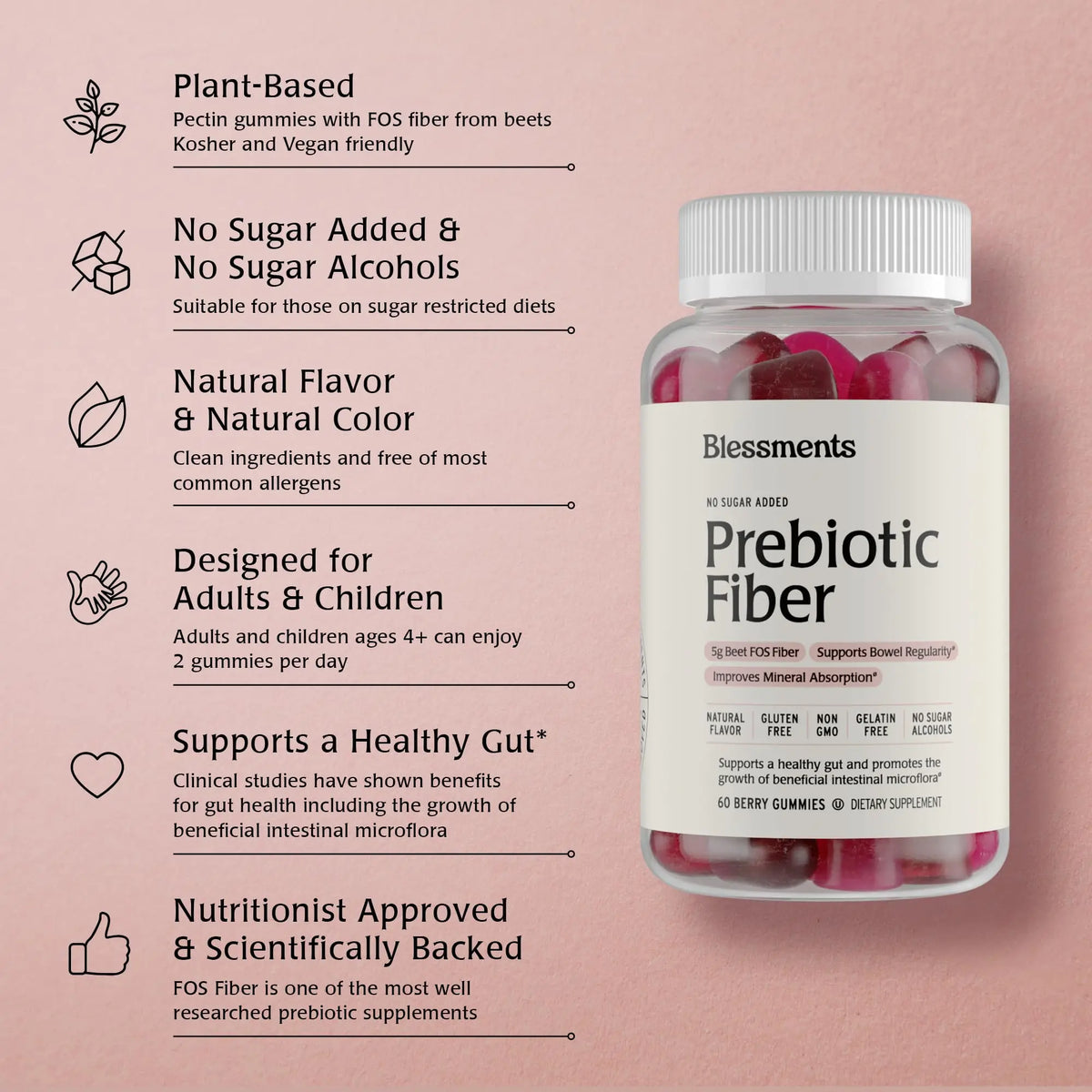 Blessments - Prebiotic Fiber Gummies for Adults & Kids with No Added Sugar- 5g (60 Count) High Fiber Supplement Gummies - Vegan - Keto Friendly - Digestive Health Supplements Blessments