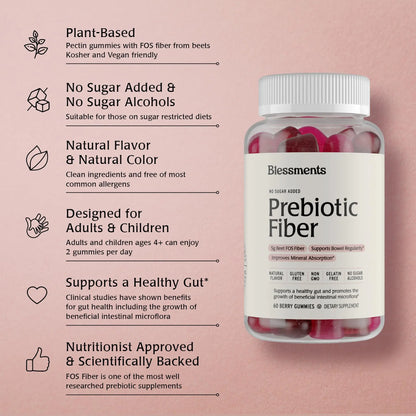 Blessments - Prebiotic Fiber Gummies for Adults & Kids with No Added Sugar- 5g (60 Count) High Fiber Supplement Gummies - Vegan - Keto Friendly - Digestive Health Supplements Blessments