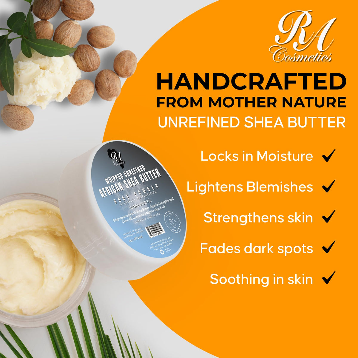 RA Cosmetics Whipped Shea Butter Baby Powder - 6oz | 100% Pure & Natural African Shea Butter for Men & Women - Ultimate Handcrafted Moisturizer with Essential Vitamins for Radiant Skin & Luscious Hair RA COSMETICS