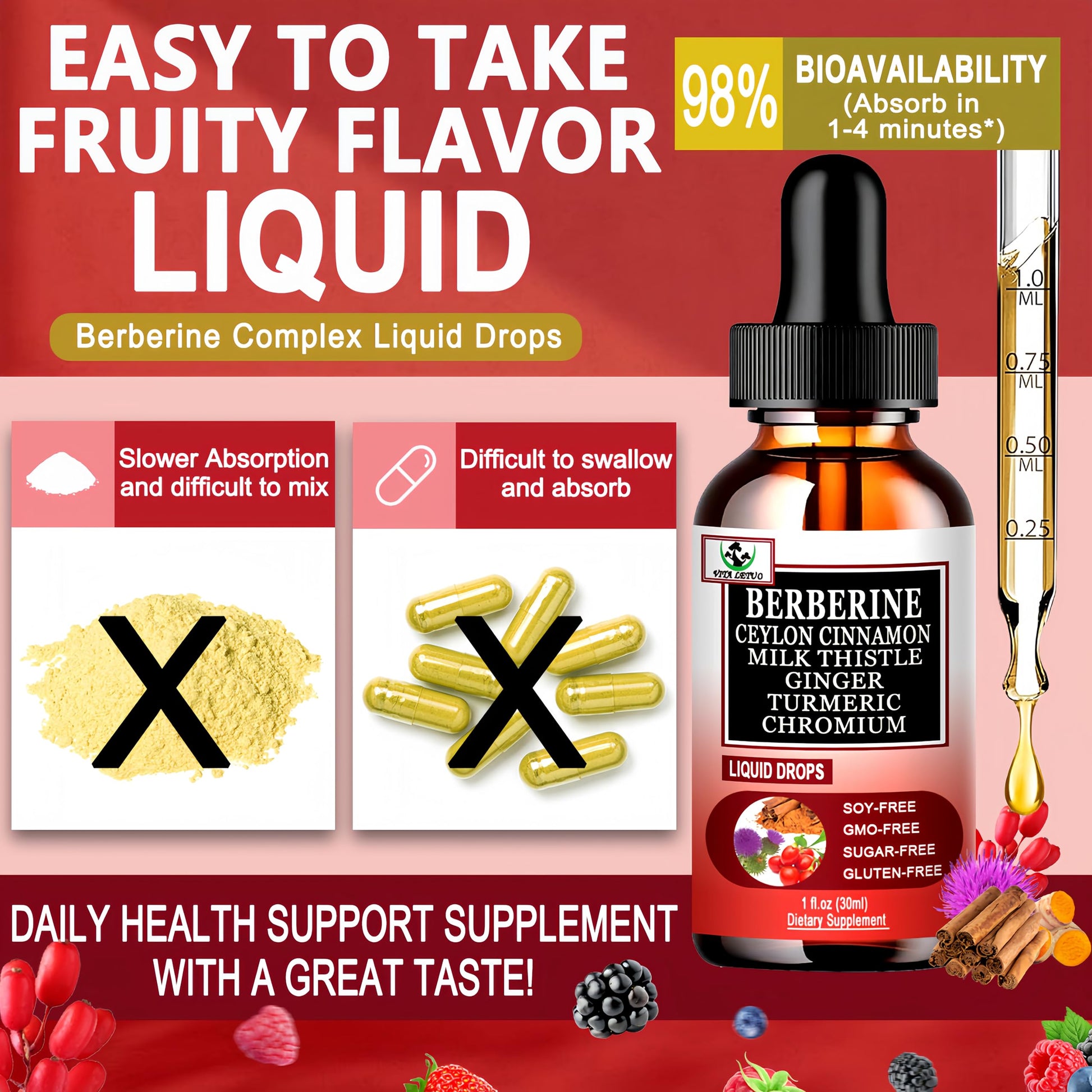 Berberine Drops, High Absorption 6-in-1 Liquid Berberine Supplement with Ceylon Cinnamon Milk Thistle Turmeric, Premium Berberine HCl for Immune Function Metabolic & Digestive Support, 30 Servings Vita letuo buy australia supplements