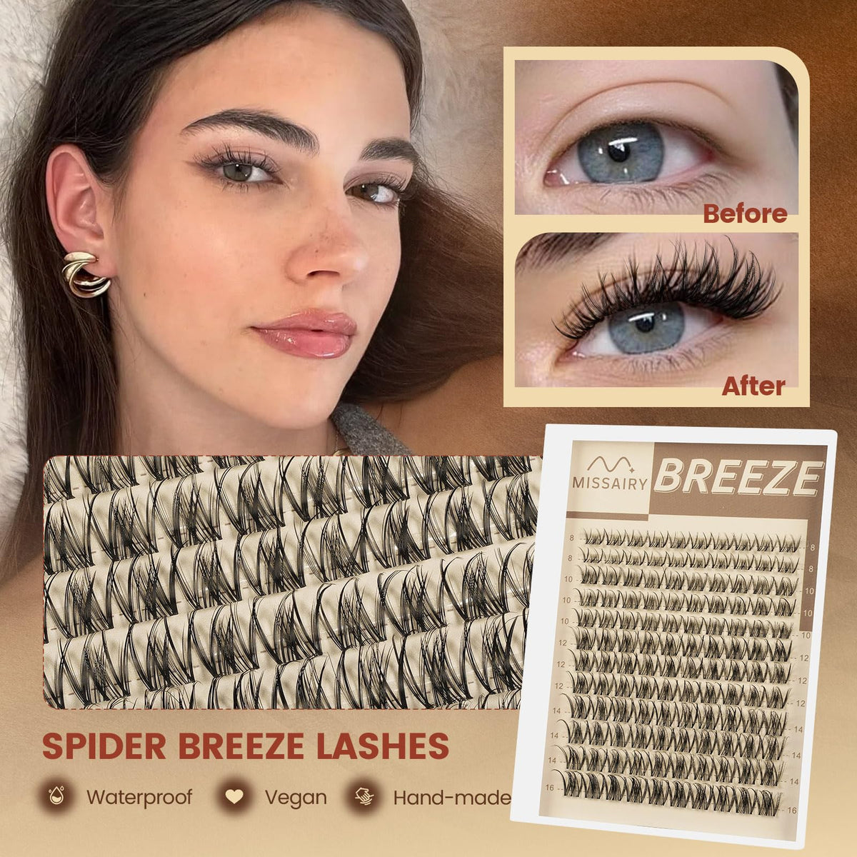 MissAiry Spider Breeze Lash Clusters Kit, Wispy Natural Eyelash Clusters DD Curly Lashes Cluster 8-16mm Cluster Eyelash Extensions Reusable Individual Lashes with Invisible Band for DIY at Home MissAiry