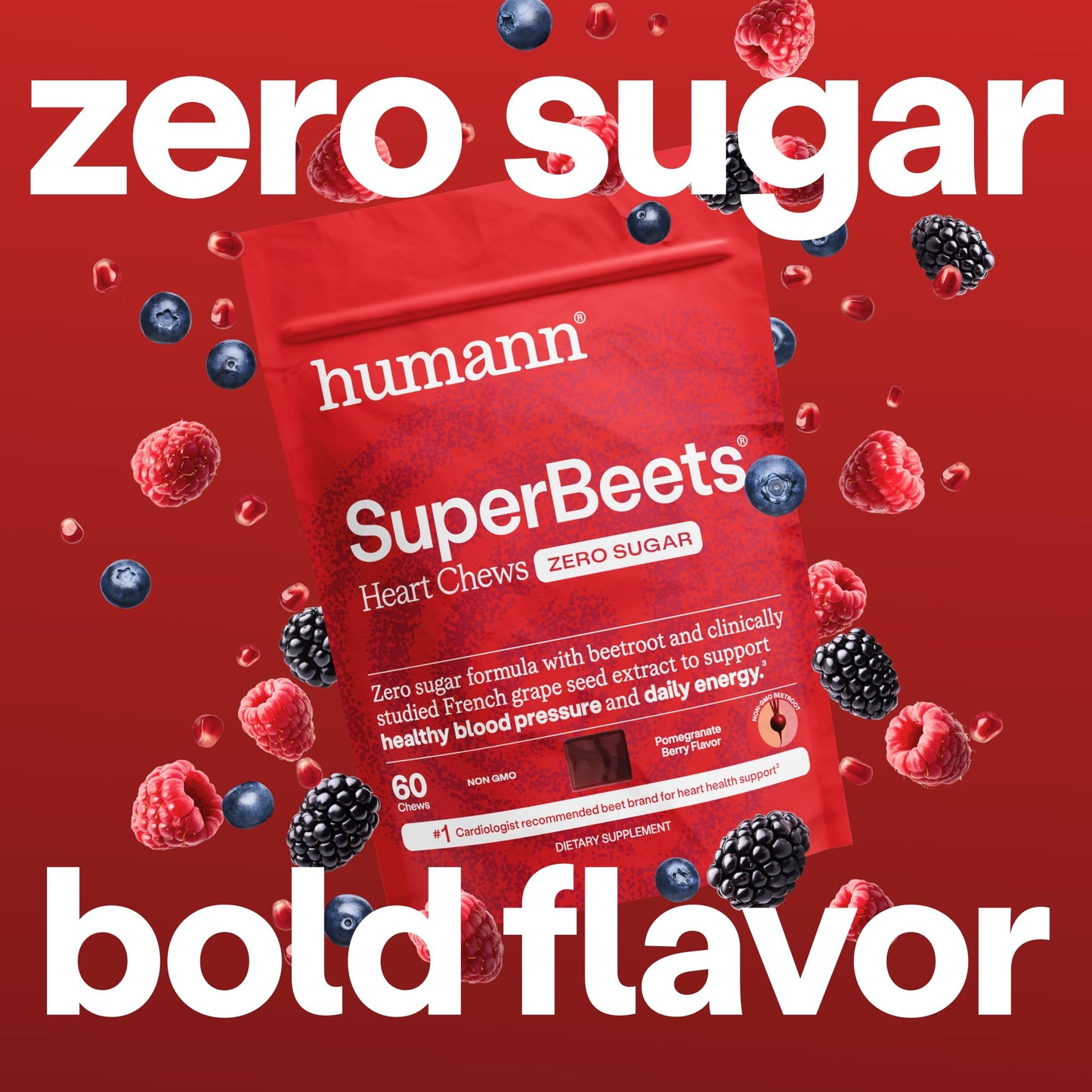 Humann SuperBeets Heart Chews Zero Sugar, Beet Root Supplement, Energy, Nitric Oxide and Blood Pressure Support, Grape Seed Extract & Non-GMO Humann