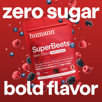 Humann SuperBeets Heart Chews Zero Sugar, Beet Root Supplement, Energy, Nitric Oxide and Blood Pressure Support, Grape Seed Extract & Non-GMO Humann