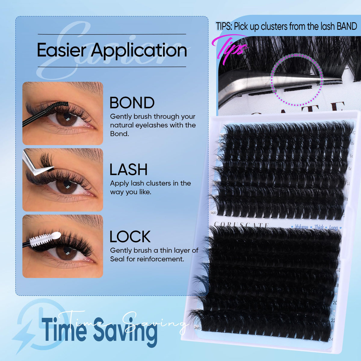 CORUSCATE Lash Clusters 160D+260D Eyelash Clusters 12-24mm Long Lash Extension Thick Cluster Eyelash Extensions Volume Strip Mink Lashes Cluster Dramatic Full Salon Look Mega Eyelashes CORUSCATE