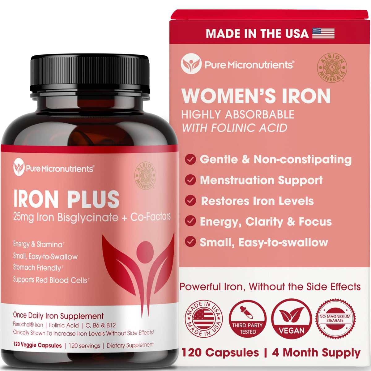 Iron Supplement for Women - Gentle Chelate Iron Bisglycinate 25mg with Vitamin C, B6, B12 Folic Acid – Supports Iron Deficiency Pure Micronutrients