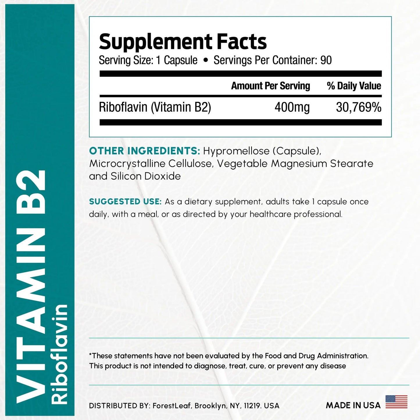 Vitamin B2 Riboflavin 400mg - Energy, Skin & Cellular Health Supplement - Nervous System Support - Vitamin B 2 Vit B - Non-GMO & Gluten Free - B2 Vitamin 400mg ForestLeaf