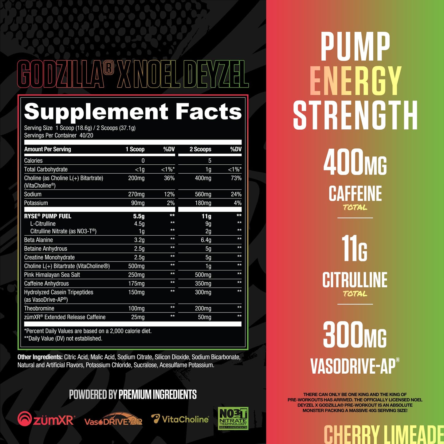 RYSE Godzilla X Noel Deyzel Pre Workout Powder - Monsterberry Lime - 400mg Caffeine, High Stim Pre-Workout for Men & Women with Citrulline & Beta Alanine - Energy, Pump & Focus - 20/40 Servings